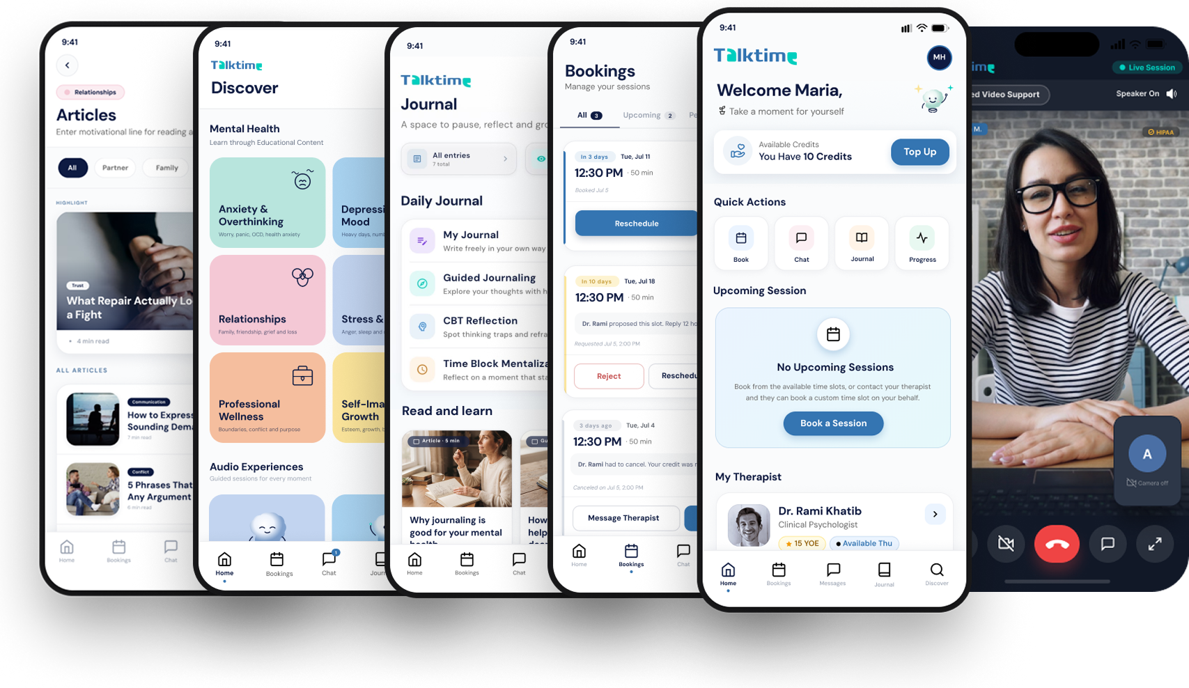 TalkTime app screens showing articles, guided audios, journaling, booking and video therapy